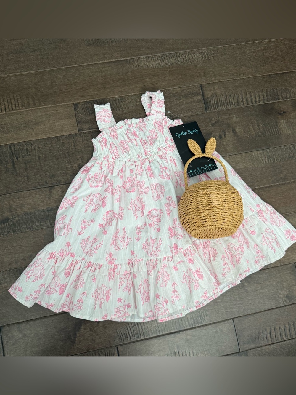 Cynthia Rowley Easter Dress Girls 4T Pink Bunnies Rabbits Spring with Basket